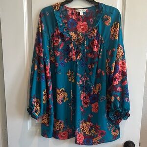 Floral Lace-Up Blouse • Teal Multicolor Print • XXL • Fall Fashion • Boho Chic